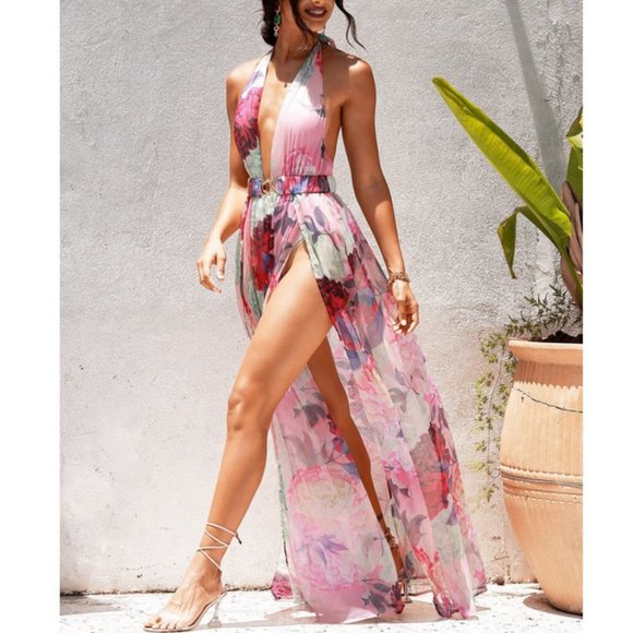 Stunning Floral Plunging Neck Backless Split Thigh Chiffon Maxi Dress - Picture 7 of 7